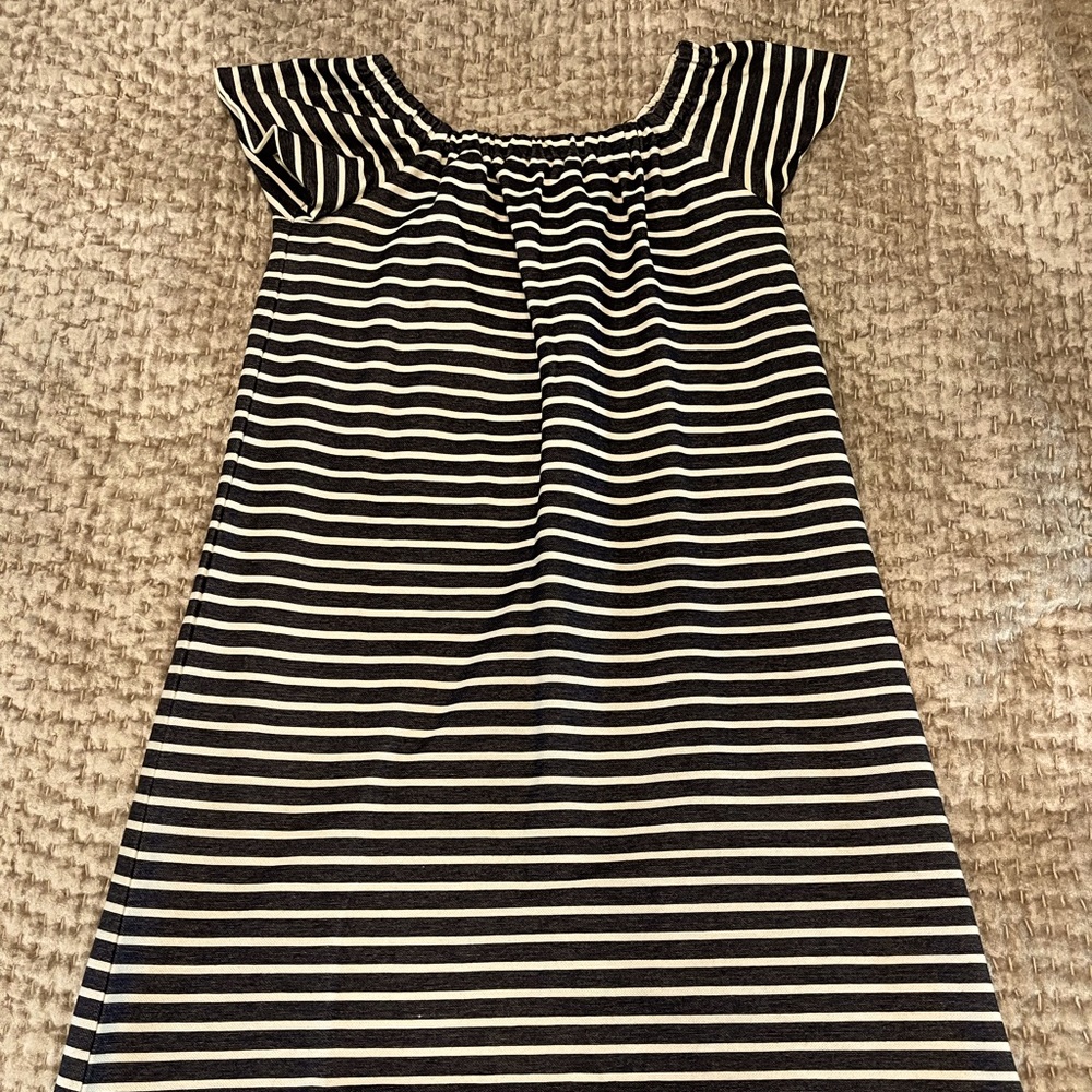 Madewell off the shoulder navy blue and white striped dress